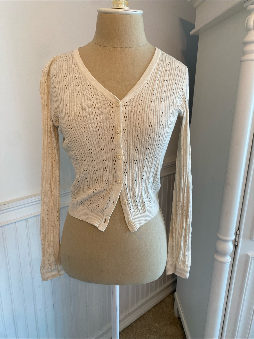 Brandy Melville Cream Openwork V-Neck Button Cardigan